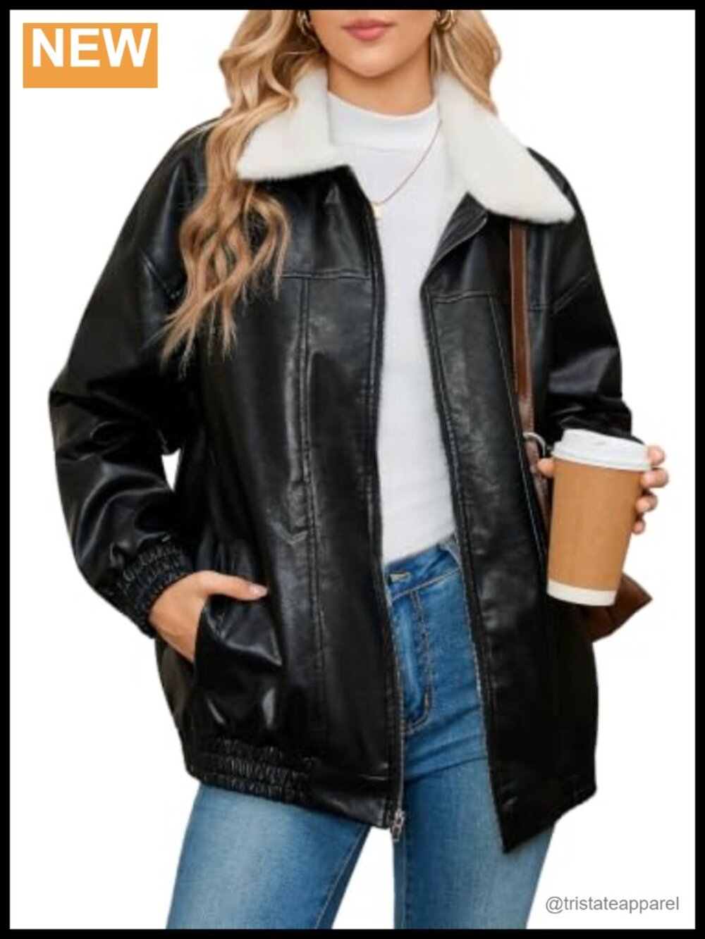 Women's Faux Leather Sherpa Lined Zip Moto Bomber Jacket Oversized Warm Coat